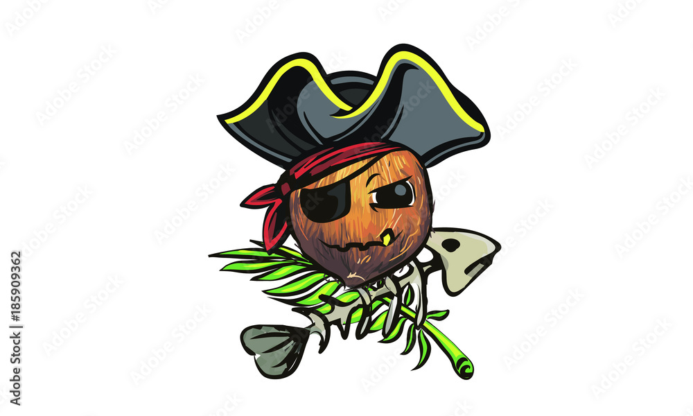 coconut pirate. coconut in a pirate hat. a cartoon coconut pirate.