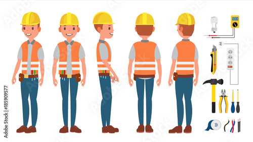 Electrician Worker Male Vector. Makes Electrical Equipment. Different Poses. Cartoon Character Illustration