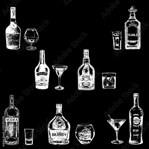 Set of sketch style hand drawn bottles of alcohol and drinks. Vector illustration isolated on black background.