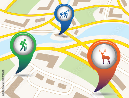 Set of tourism service map pointers on map