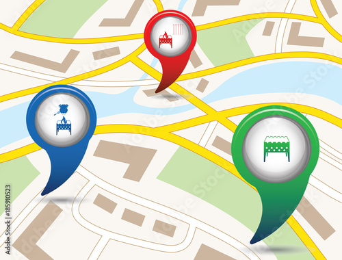 Set of tourism service map pointers on map