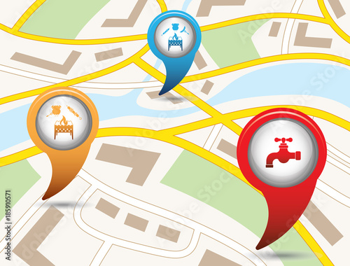 Set of tourism service map pointers on map