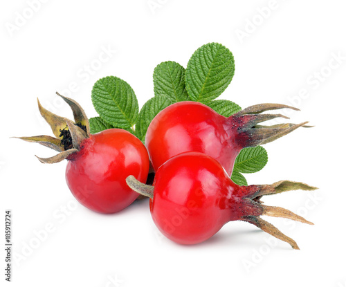 Rose hip berries with leaves isolated on white background. Clipping Path