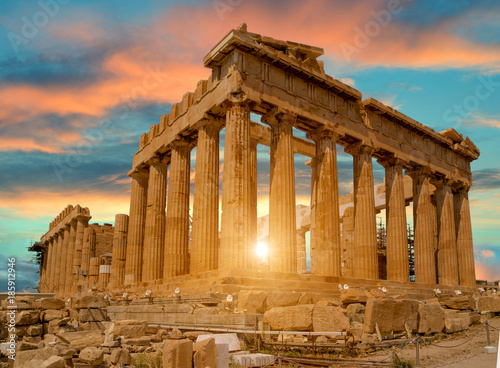 Fotomurale parthenon athens greece sun beams and sunset colors