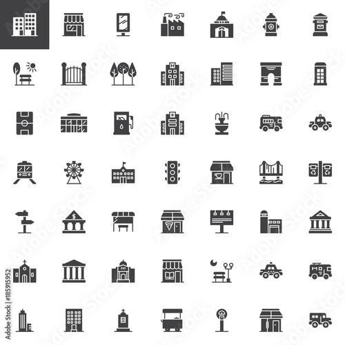 City buildings and transportation vector icons set, modern solid symbol collection, filled style pictogram pack. Signs, logo illustration. Set includes icons as hospital building, hotel, factory, park
