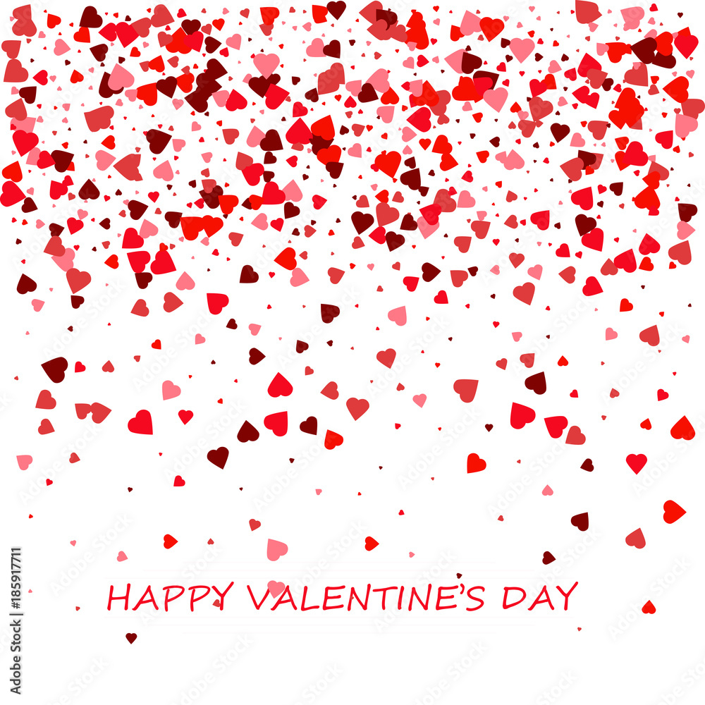 Happy Valentine's Day card. Romantic composition with confetti of hearts. Beautiful background with hearts on a white background. Vector illustration.