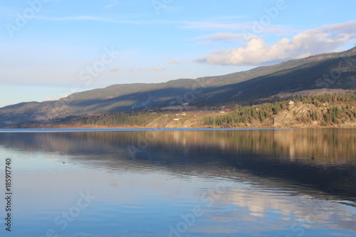 Calm lake with mountains reflection on water