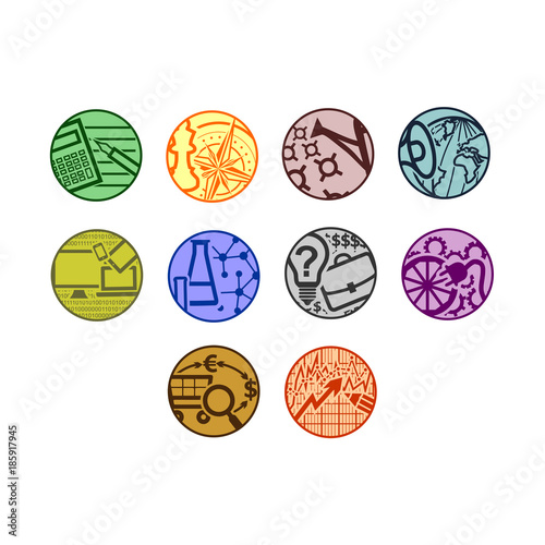 Set of ten simple vector round icons for news site or business theme. Multicolored  flat buttons on the subject of economics, strategy, investments, politics, information technology, science etc