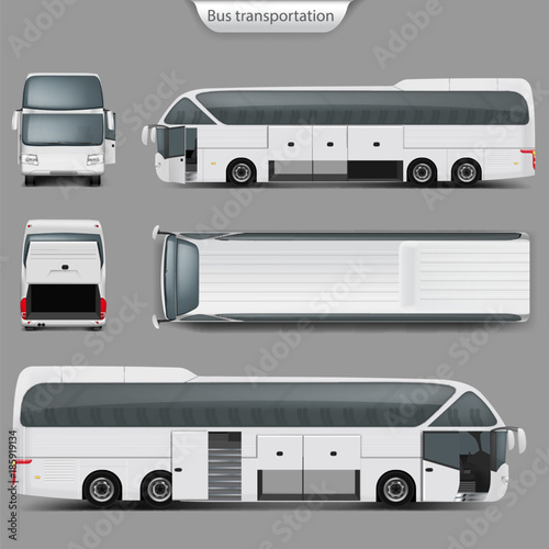 Realistic vector white coach bus mockup, rear, front, top, side view. Passenger transport, travel vehicle, opened doors, trunk. Blank city bus template for corporate identity, branding design.