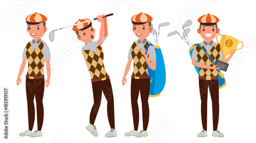 Professional Golf Player Vector. Playing Golfer Male. Different Poses. Isolated On White Cartoon Character Illustration