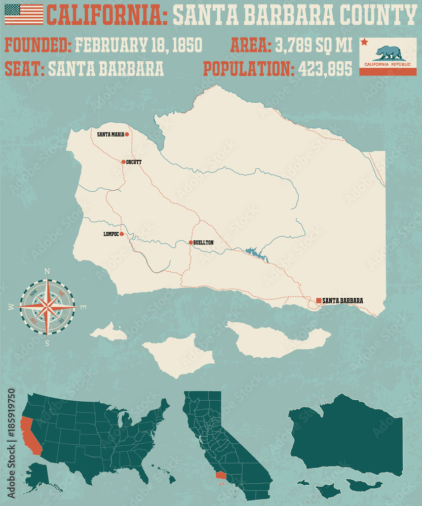 Large and detailed map of Santa Barbara county in California.