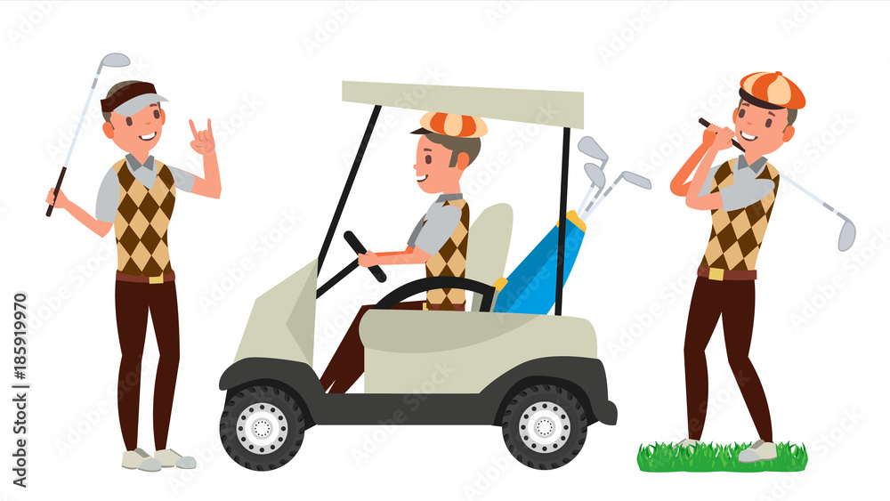 Golf Player Male Vector. Hitting Golf Ball. Playing Man. Different Poses. Cartoon Character Illustration
