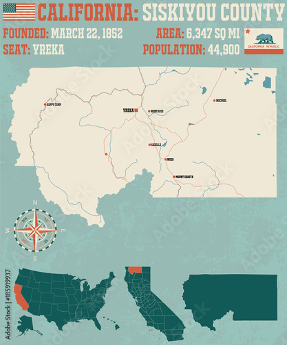 Large and detailed map of Siskiyou county in California.