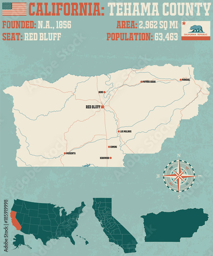 Large and detailed map of Tehama county in California.