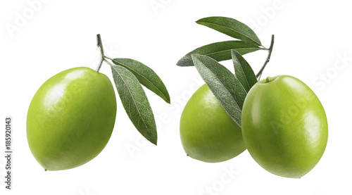 Green olives with leaves set isolated on white background