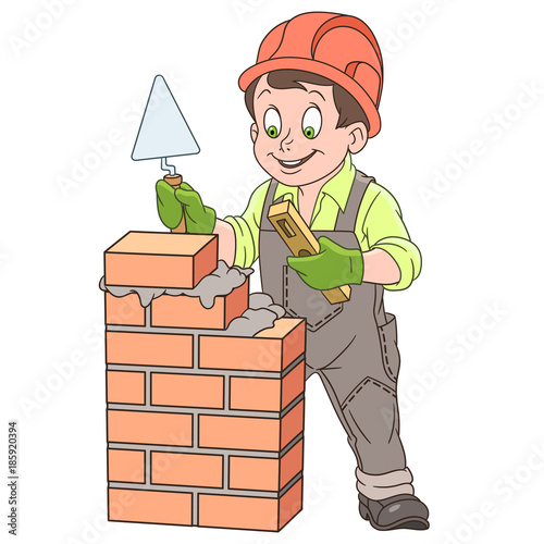 Kids in Professions. Cartoon builder with trowel and level tool working around a brick wall. Design for children's coloring book.