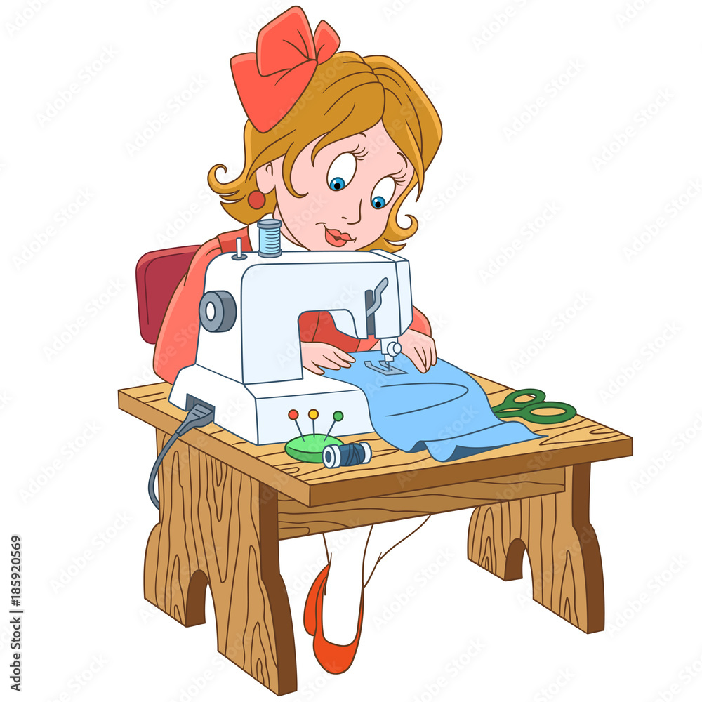 Kids in Professions. Cartoon seamstress (tailor), working on electric  sewing machine. Design for children's coloring book. Stock Vector | Adobe  Stock