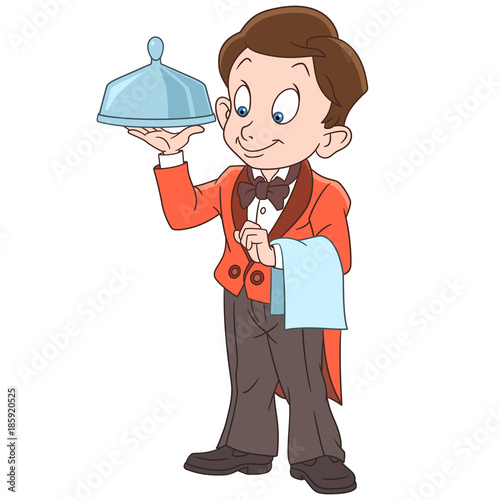 Kids in Professions. Cartoon waiter boy holding tray for hot dishes. Design for children's coloring book.