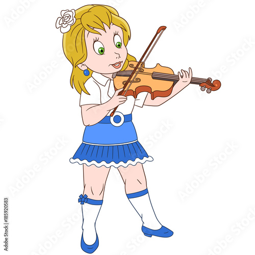 Kids in Professions. Cartoon violinist girl playing symphony music on her violin. Design for children's coloring book.