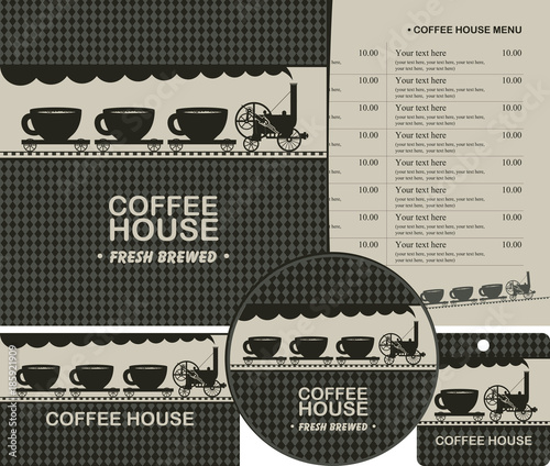 Vector set of elements for design coffee house. Menu, business cards and coasters for drinks on the checkered background with old steam locomotive and wagons with cups