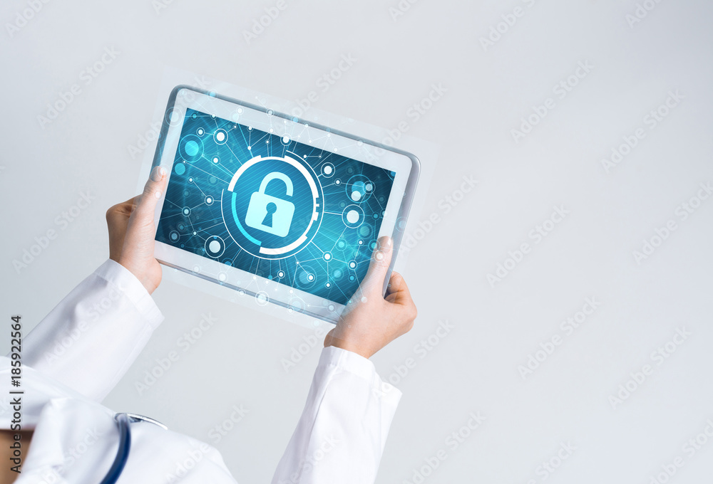 Close of female doctor hands working with tablet pc computer Close of female doctor hands working with tablet pc computer
