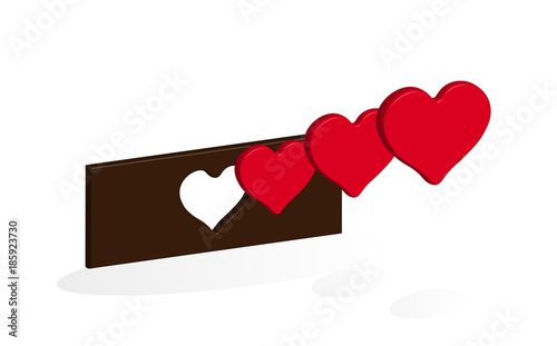 Chocolate bar with three red hearts on a transparent background.