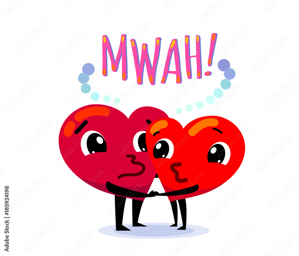 Couple in love. Two funny cartoon hearts kisses each other, holding their  hands Stock Vector | Adobe Stock