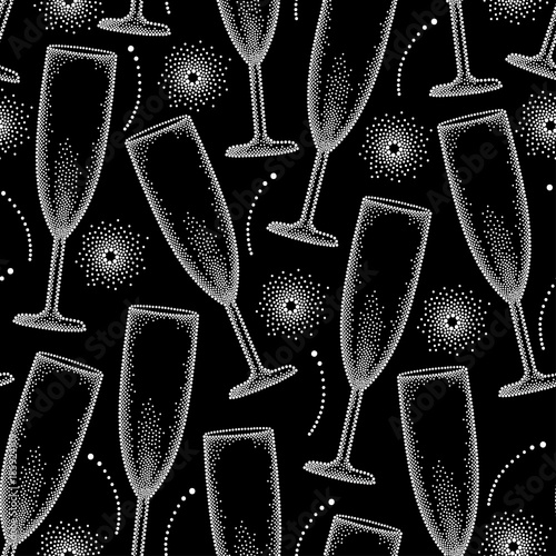 Vector seamless pattern with dotted white champagne glass or flute on the black background with fireworks. Pattern in dotwork style with champagne glass for restaurant and celebration design.