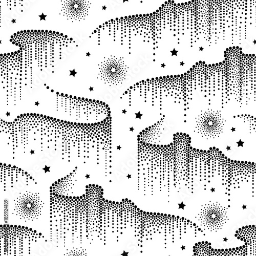 Vector seamless pattern with black dotted swirls of northern or polar light on the white background with stars. Aurora borealis lights in dotwork style for space and galaxy design. 