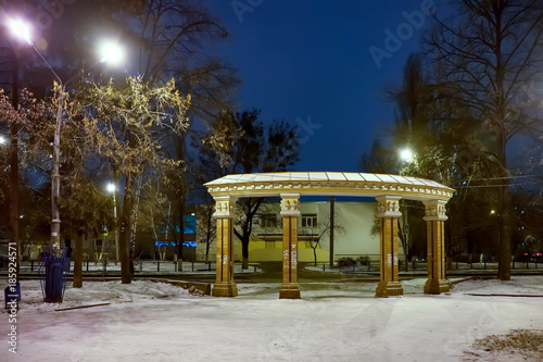 Winter landscape. Night city. Snow in the park.