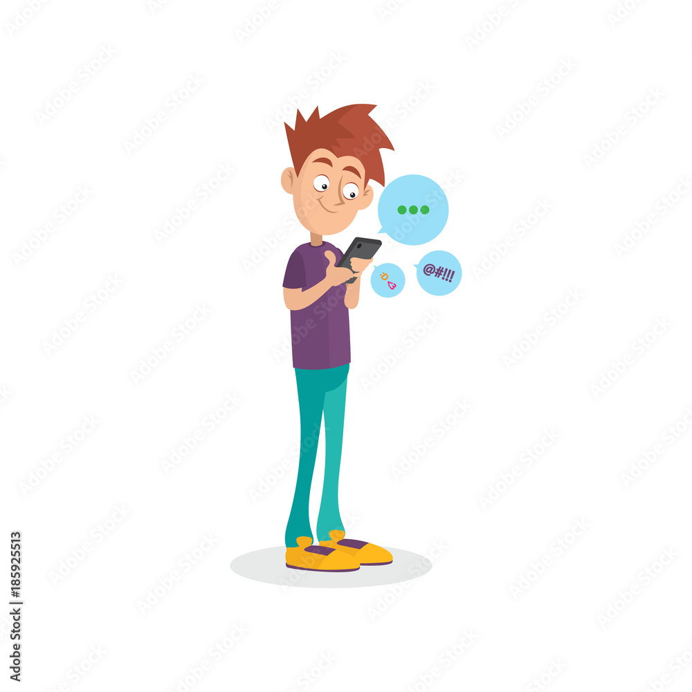 Cartoon teenager using mobile phone for chatting with friends. Gadget addiction. Dependency from modern technologies. Boy in t-shirt and jeans. Flat vector Cartoon teenager using mobile phone for chatting with friends. Gadget addiction. Dependency from modern technologies. Boy in t-shirt and jeans. Flat vector