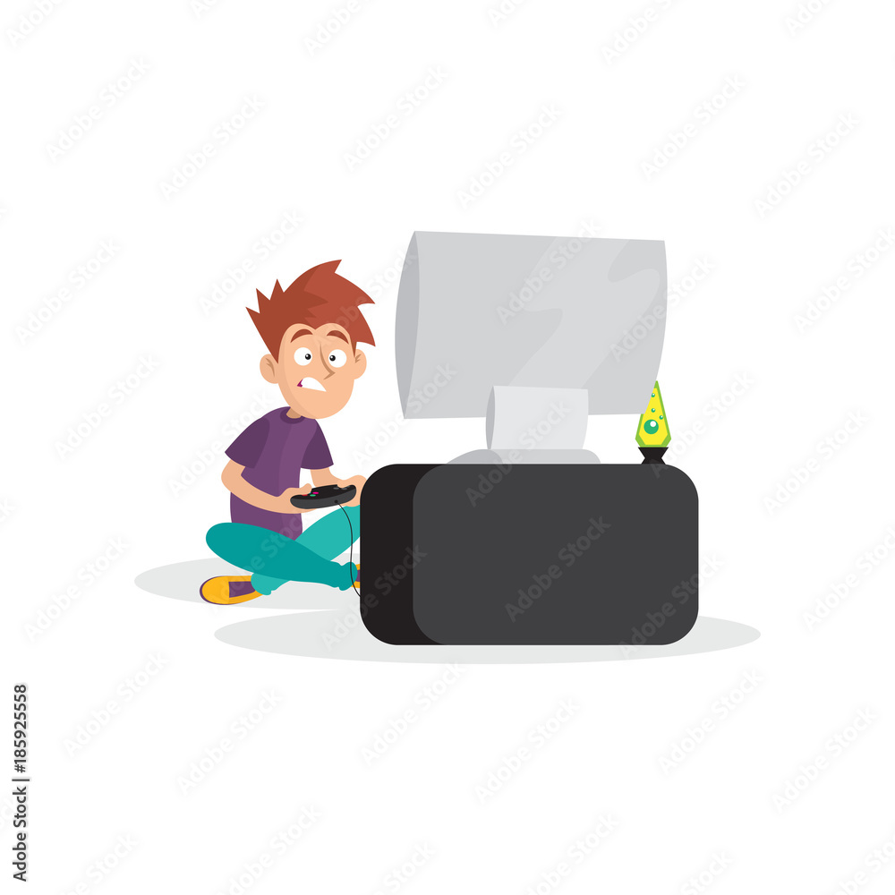 Teenager boy playing in video game. Cartoon boy character sitting with legs crosses in front of computer with joystick in hands. Bad habit. Flat vector design