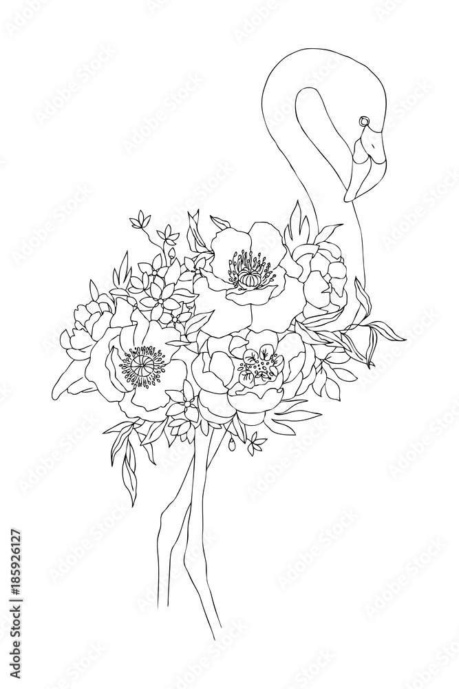 Vector Linear drawing bird Flamingo with blooming flowers. Isolated  decorative element. Graphic bird concept. Tropical concept. flower concept.  Tattoo concept Stock Vector | Adobe Stock