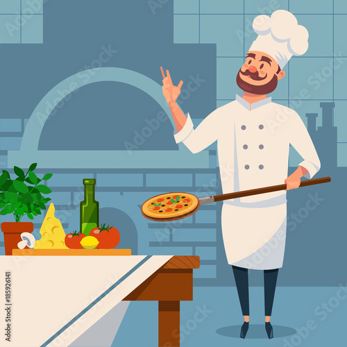 Bearded Italian chef in uniform with pizza on paddle. Restaurant s kitchen interior with brick furnace. Fresh food ingredients on wooden table. Flat vector design
