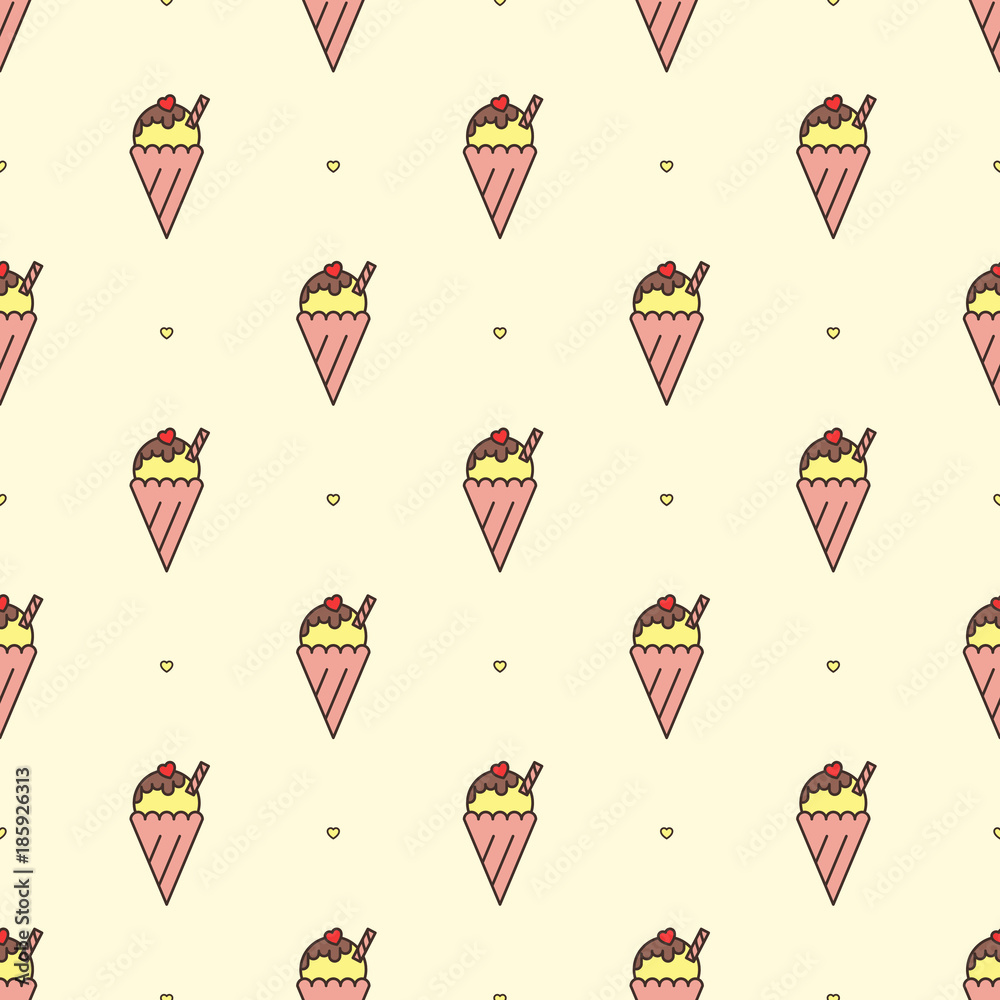 Seamless vector pattern. Candies motif. Ice cream and hearts.