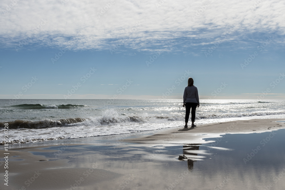 woman looking at the horizon on the shore of the beach woman looking at the horizon on the shore of the beach