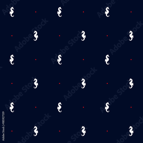 Seamless vector pattern with seahorse and red dots in blue background. Marine motif.