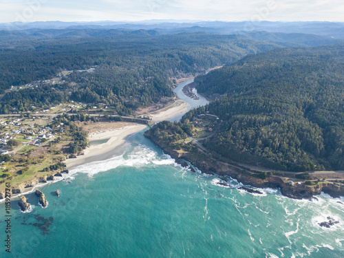 Fototapeta Naklejka Na Ścianę i Meble -  Aerial of the Big River Flowing into the Pacific Ocean in Mendocino