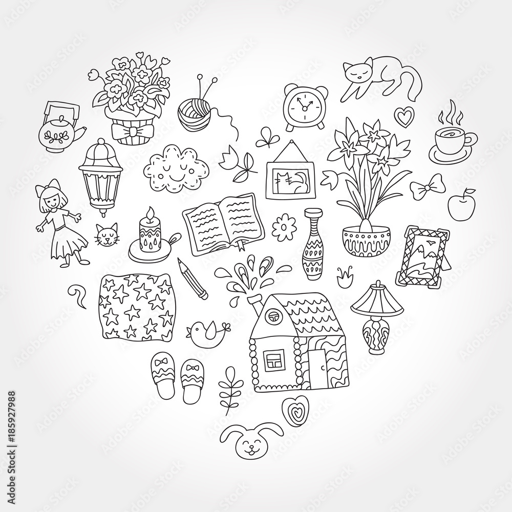 Home sweet home. Set of hand drawn vector home interior doodles. Home sweet home. Set of hand drawn vector home interior doodles.