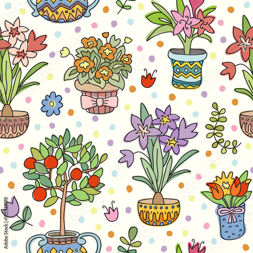 Seamless pattern doodle plants in pots. Can be used for textile, website background, book cover, packaging.