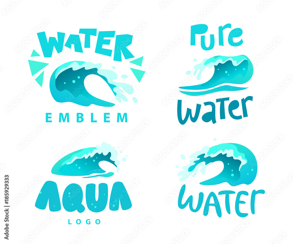 Vector flat illustration of water splashes emblem isolated on white background. Water wave curling icon collection. Hand written font. Good for pure water label, logo design, packaging label.