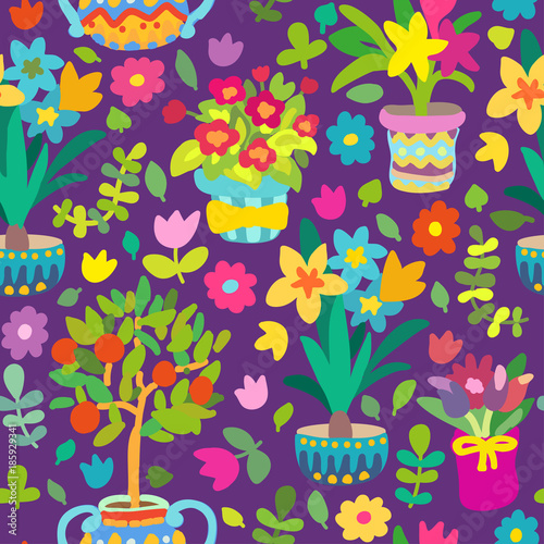 Seamless pattern doodle plants in pots, floral background. Texture for wallpaper, fills, web page background.