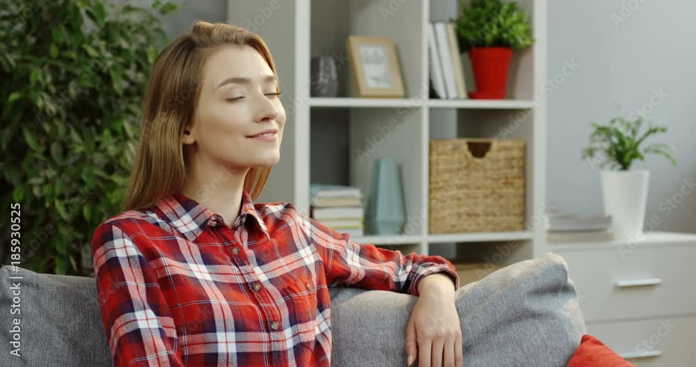 Portrait shot of the good looking caucasian young woman in the motley shirt looking on the side and than turning her head and smiling cheerfully to the camera in the living room. Indoor Portrait shot of the good looking caucasian young woman in the motley shirt looking on the side and than turning her head and smiling cheerfully to the camera in the living room. Indoor