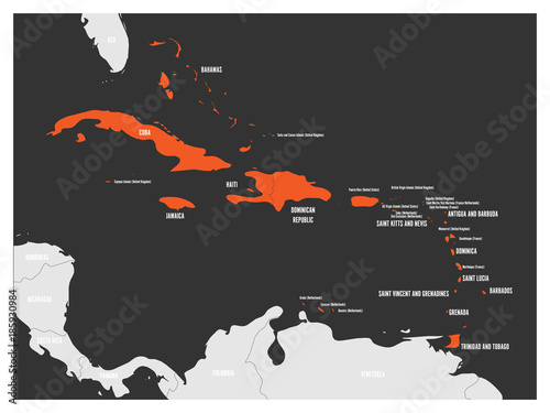 Political map of Carribean. Orange highlighted states and dependent territories. Simple flat vector illustration.