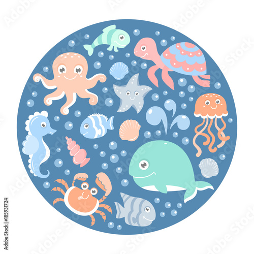 Ocean set with cute sea animals on a round blue card