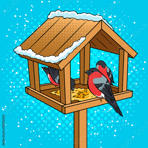 Winter bird feeder pop art vector illustration