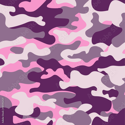 Military camouflage seamless pattern, purple monochrome. Classic clothing style masking camo repeat print. ruby colors texture. Design element. Vector illustration.