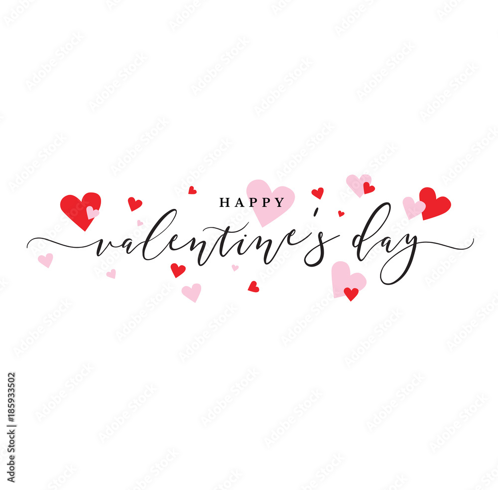 Happy Valentine's Day Vector Calligraphy with Pink and Red Hearts Stock ...