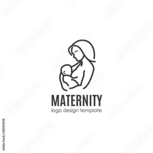 Maternity concept, breast-feeding - happy woman with newborn. Vector logo design template in linear style