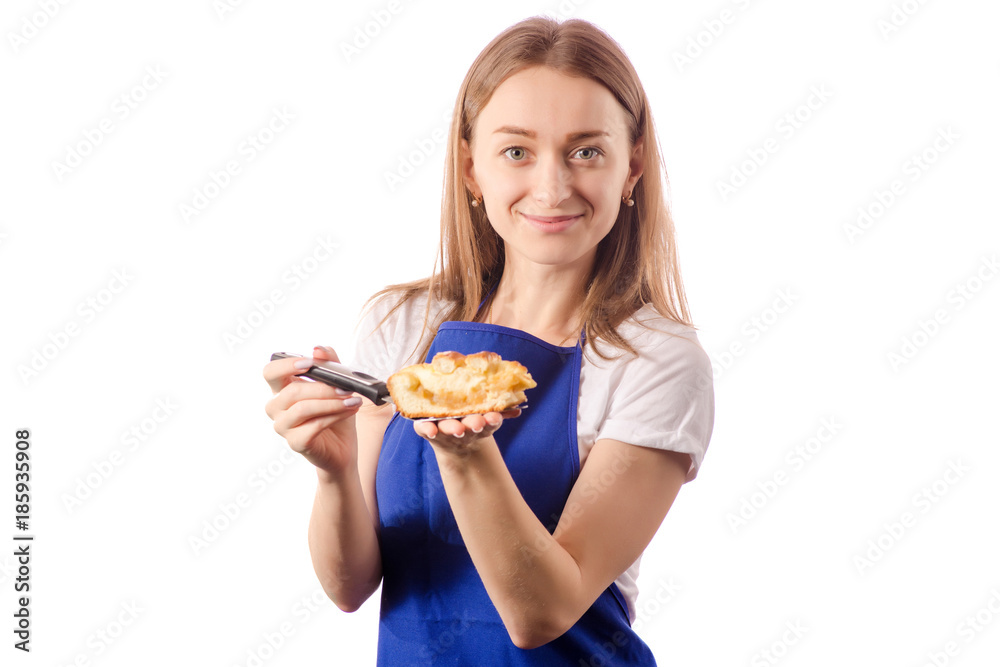 Young woman in apron in hands cake paddle pie Young woman in apron in hands cake paddle pie